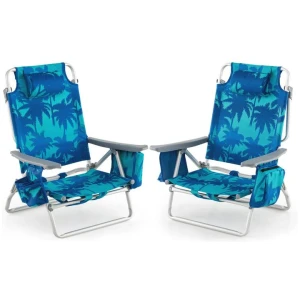 Costway2-Pack Folding Backpack 5-Position Beach Chair with Pillow for Outdoor-Blue & Green