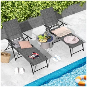 Costway2 Piece Patio Folding Chaise Lounge Chairs with 6-Level Backrest-Grey