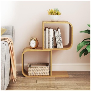 Costway2-Tier S-Shaped Bamboo Bookcase with 2 Open Cubes-Natural