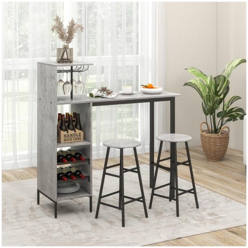 Costway3 Pieces Bar Table and Chair Set with 6-Bottle Wine Racks for Dining Room-Grey