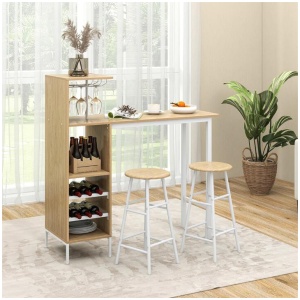 Costway3 Pieces Bar Table and Chair Set with 6-Bottle Wine Racks for Dining Room-Natural