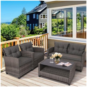 Costway4 Piece Patio Wicker Furniture Set with Glass Coffee Table and Removable Cushions-Grey