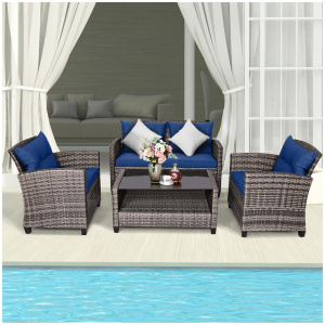 Costway4 Piece Patio Wicker Furniture Set with Glass Coffee Table and Removable Cushions-Navy