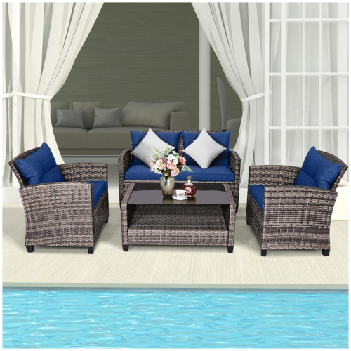 Costway4 Piece Patio Wicker Furniture Set with Glass Coffee Table and Removable Cushions-Navy