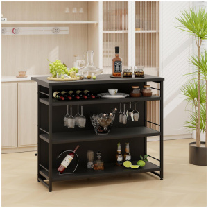Costway4-Tier Liquor Bar Cabinet with 3 Open Shelves and Wine Rack-Black