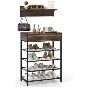 Costway5-Tier Shoe Rack with Wall-Mounted Coat Rack and Hooks-Rustic Brown