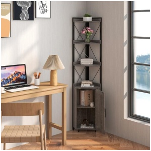 Costway6-Tier Corner Bookcase with 5-Level Adjustable Shelf and Anti-Tipping Kits-Grey