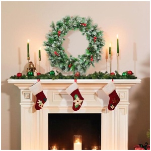 Costway60CM Snowy Christmas Wreath Garland with 50 LED Lights for Decorations