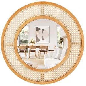 Costway65cm Rattan Round Wall Mirror with Aluminum Glass Metal Hook and Expansion Screws-Natural