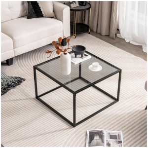 Costway70 CM Modern Square Glass Coffee Table with Metal Frame-Grey