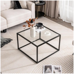 Costway70 CM Modern Square Glass Coffee Table with Metal Frame-White