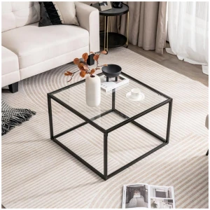 Costway70 CM Modern Square Glass Coffee Table with Metal Frame-White