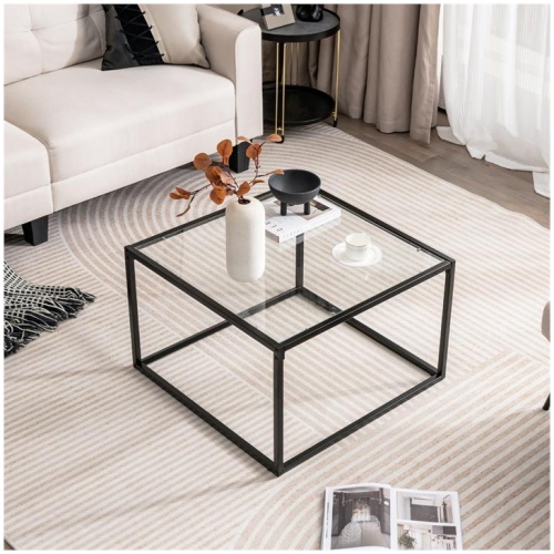 Costway70 CM Modern Square Glass Coffee Table with Metal Frame-White