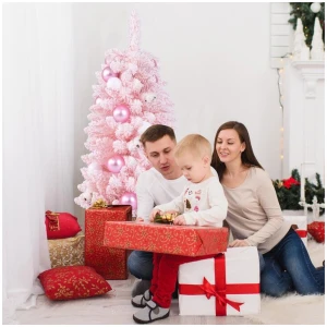 Costway90 CM Artificial Mini Snow Flocked Christmas Tree wiht Natural Cotton Balls-Pink