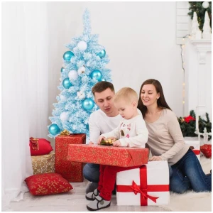 Costway90 CM Artificial Mini Snow Flocked Christmas Tree with Natural Cotton Balls-Blue
