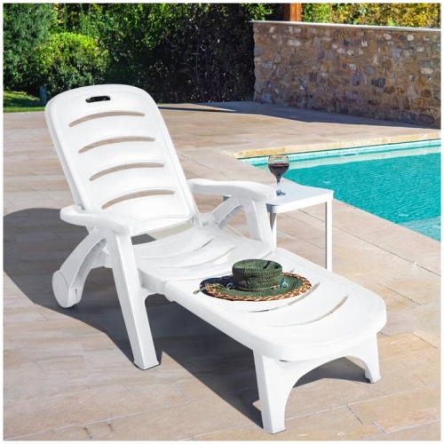 CostwayAdjustable Chaise Lounge Chair with Built-In Wheels for Patio White