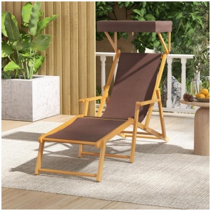 CostwayBirch Wood Chaise Lounge Chair with Adjustable Canopy and Reclining Backrest-Brown