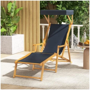 CostwayBirch Wood Chaise Lounge Chair with Adjustable Canopy and Reclining Backrest-Navy