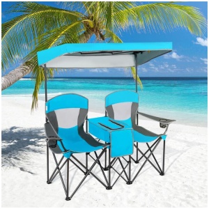 CostwayDouble Folding Camping Chair with Canopy and Armrests-Blue