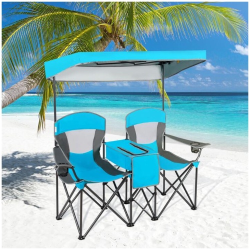 CostwayDouble Folding Camping Chair with Canopy and Armrests-Blue