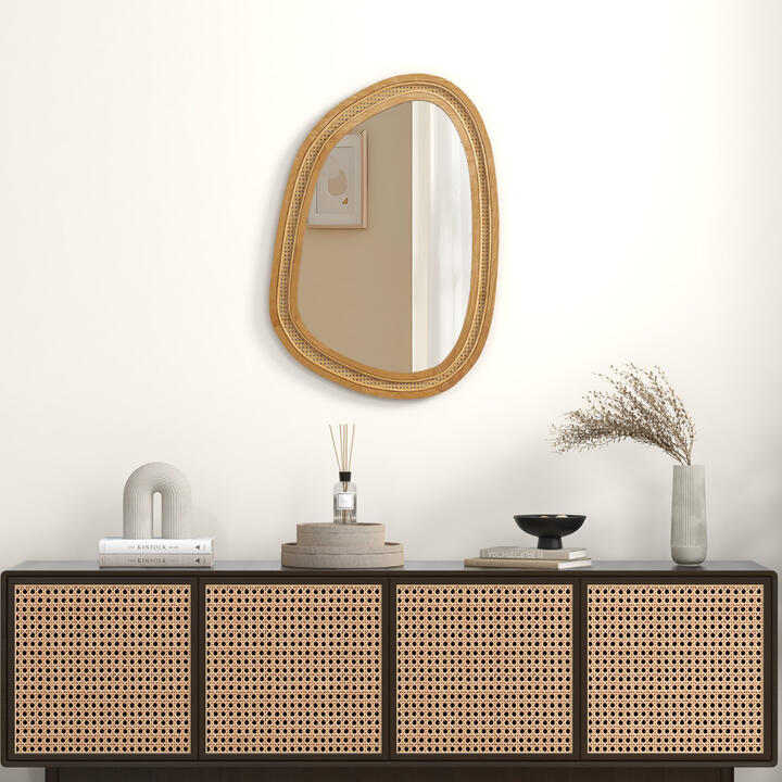 CostwayIrregular PVC Rattan Wall Decorative Mirror with Wooden Frame-Natural