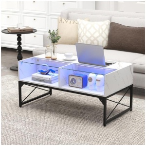 CostwayLED Coffee Table Center Table with Faux Marble and 4 Storage Cubes-White