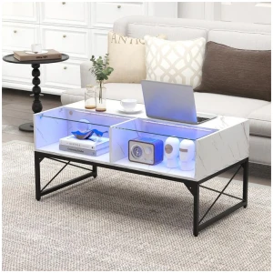 CostwayLED Coffee Table Center Table with Faux Marble and 4 Storage Cubes-White