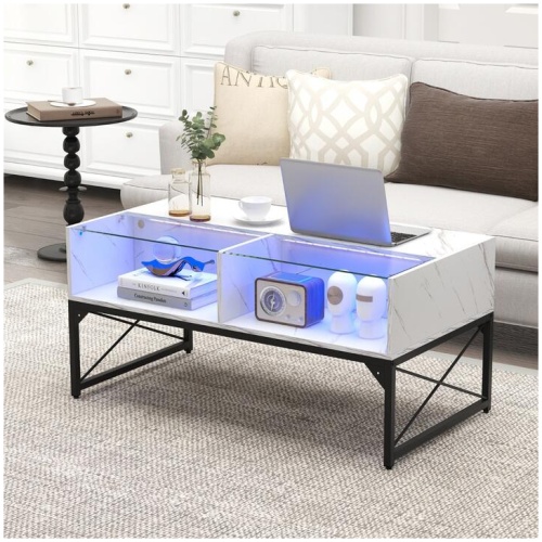 CostwayLED Coffee Table Center Table with Faux Marble and 4 Storage Cubes-White