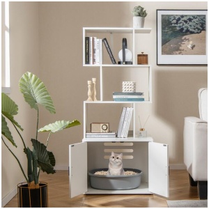 CostwayModern Cat Litter Box Enclosure with Storage Corner Bookshelf-White