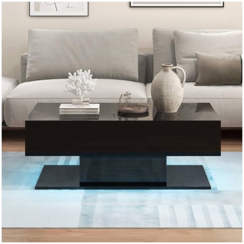 CostwayModern LED Coffee Table with 20 Color LED Lights and 2 Drawers-Black
