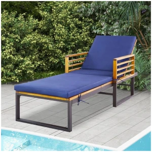 CostwayPatio Chaise Lounge Chair with Acacia Wood with Armrests for Poolside