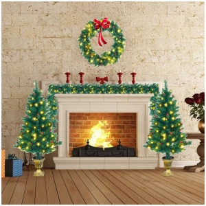 CostwayPre-Lit Holiday Christmas 4-Piece Set with 200 LED Lights and Red Berries