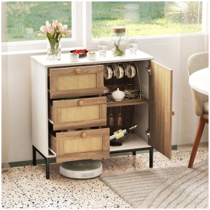 CostwayRattan Buffet Sideboard Accent Storage Cabinet with 3 Drawers and 1 Door-White