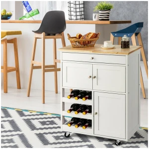 CostwayRolling Kitchen Cart with 3 Tier Wine Racks and Cupboards-White
