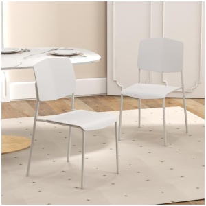 CostwaySet of 2 Plastic Dining Chair Stackable Armless Chairs with Metal Legs and Back-White-2 pieces
