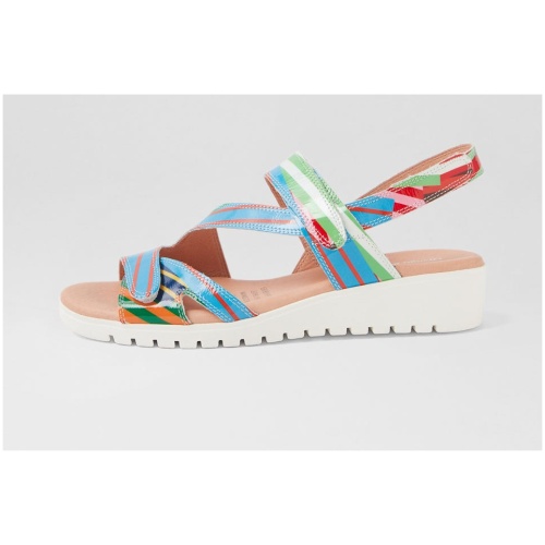 Django & Juliette Melany Dj White Stripe Multi Patent Leather White Stripe Multi Sandals Womens Shoes Casual Sandals Flat Sandals