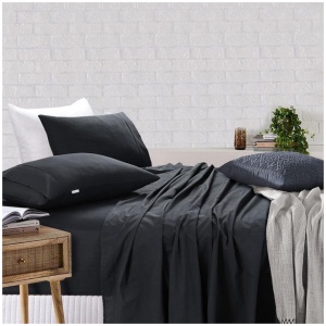 Elan Linen 100% Egyptian Cotton Vintage Washed 500TC Charcoal 50 cm Deep Mega Queen SIze Bed Sheets Set