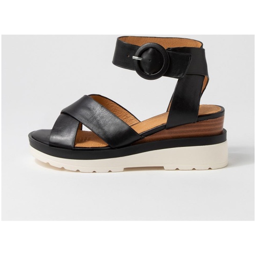 Eos Jarah Eo Black Leather Black Sandals Womens Shoes Casual Heeled Sandals