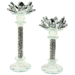 Flower Silver Crystal Candle Holder - Set of 2