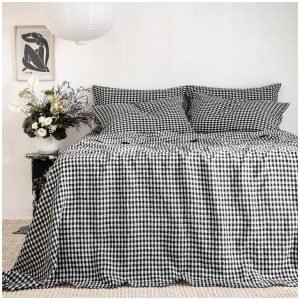 French Flax Linen Sheet Set in Charcoal Gingham, King Single / 35cm