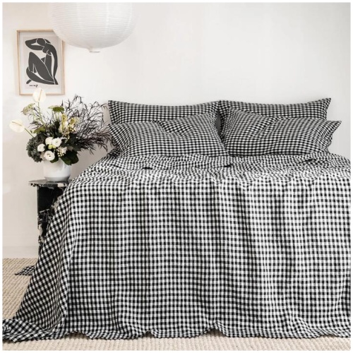 French Flax Linen Sheet Set in Charcoal Gingham, Single / 35cm