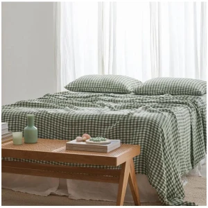 French Flax Linen Sheet Set in Ivy Gingham, Single / 35cm