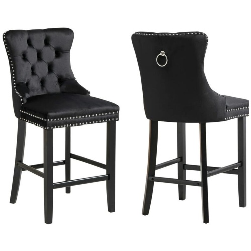 French Provincial Black Bar Stools with Footrest - Set of 2
