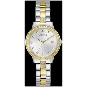 Guess Heartless Polished Two Tone Case With Crystals Sunray Silver Date Dial And Polished Two Tone Bracelet With Crystals GW0725L1