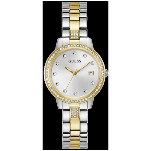 Guess Heartless Polished Two Tone Case With Crystals Sunray Silver Date Dial And Polished Two Tone Bracelet With Crystals GW0725L1