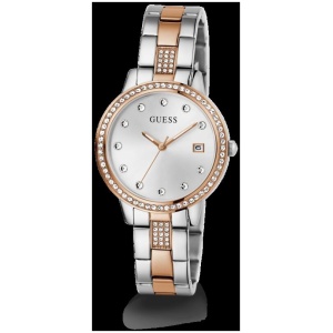 Guess Heartless Polished Two Tone Case With Crystals Sunray Silver Date Dial And Polished Two Tone Bracelet With Crystals GW0725L2