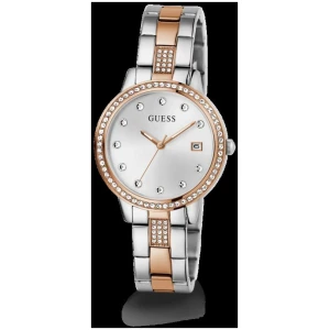 Guess Heartless Polished Two Tone Case With Crystals Sunray Silver Date Dial And Polished Two Tone Bracelet With Crystals GW0725L2