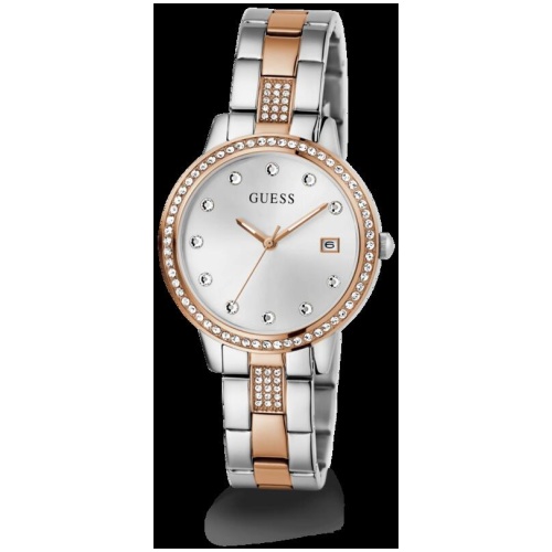 Guess Heartless Polished Two Tone Case With Crystals Sunray Silver Date Dial And Polished Two Tone Bracelet With Crystals GW0725L2
