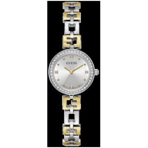 Guess Lady G Polished Silver Tone Case With Crystals Sunray Silver Dial And Polished Silver And Gold Tone Logo Bracelet With Adjustable G Links GW0656L1