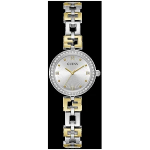 Guess Lady G Polished Silver Tone Case With Crystals Sunray Silver Dial And Polished Silver And Gold Tone Logo Bracelet With Adjustable G Links GW0656L1